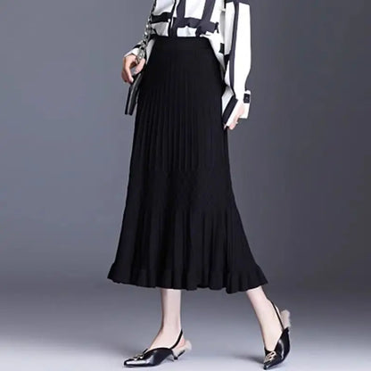 Autumn and Winter Women's Solid Color Pleated Knitted A-Line Elastic Shirring Fashion Casual All Match Office Lady Skirt