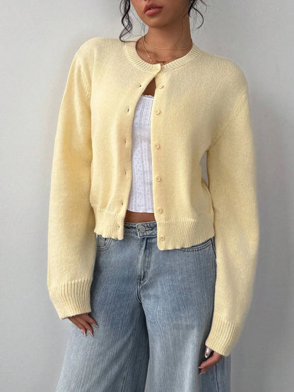 Women's Casual Solid Color Round Neck Long Sleeve Loose Cropped Top Single-breasted Sweater Cardigan Streetwear Autumn/Winter