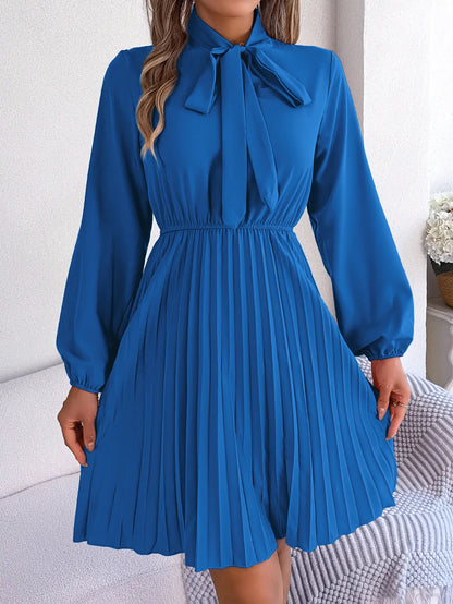 Women Fall Vacation Elegance V Neck Solid Tie Waist Ruffle Hem Pleated Midi Dress Long Sleeve Wedding Dress