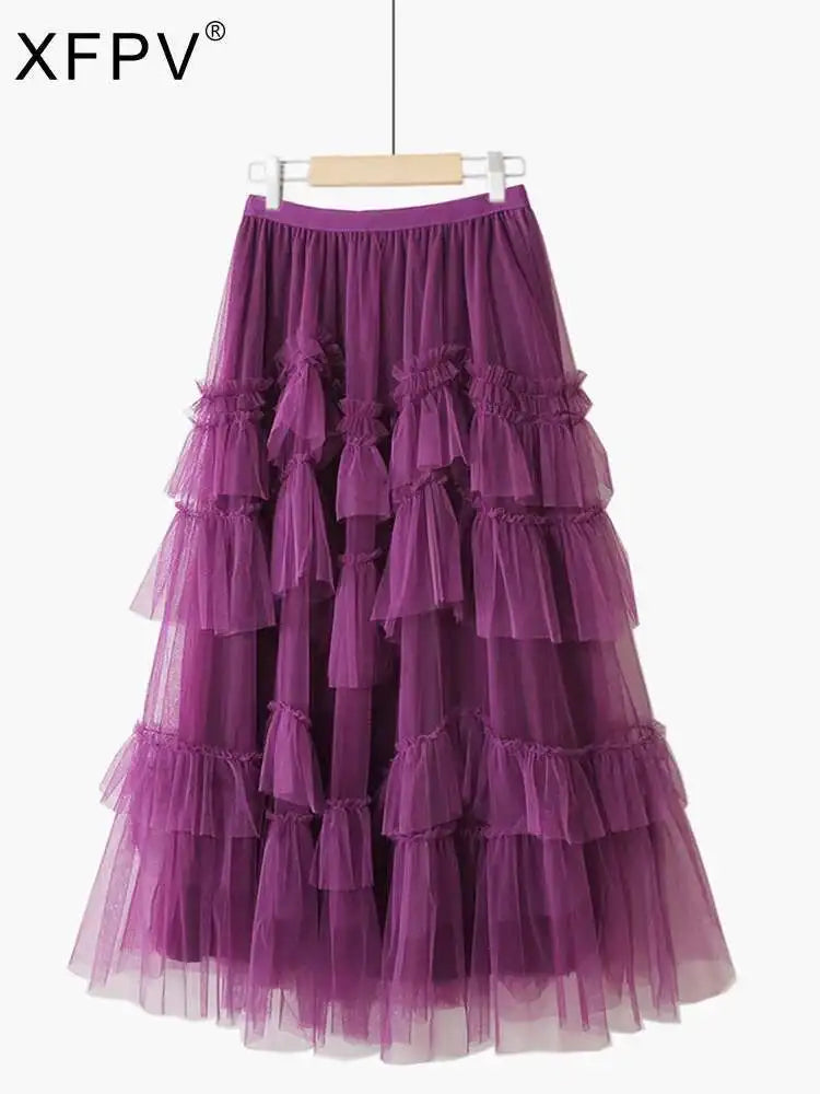 XFPV 2025 Autumn Summer Fashion Elegant Purple Cake Skirt Women Ruffles All-Match Mesh Stitching High Waist Midi Faldas SM1982