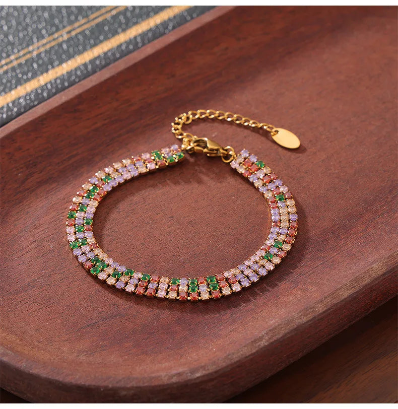 Fashion Colorful Zircon Bracelet Women's Stainless Steel Extension Chain Bracelet Female Summer Waterproof Jewelry