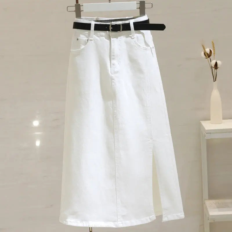 White High-waisted Denim Skirt 2026 New Women's Medium and Long A-shaped Split Hip Skirt