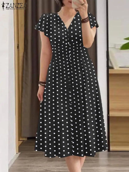 ZANZEA Elegant Women Midi Dresses 2024 Fashion Ruffle Sleeve Polka Dots A-line Vestidos Casual V Neck Commute Party Robes Femme