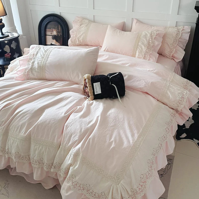 Princ Sle Pure Cotton Pink Bedding Set with Lace s Waed Cotton Duvet Cover eet And Bed Skirt Four Piece Set