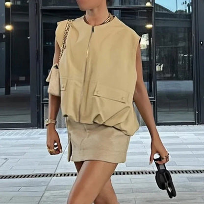 Women Fashion With Pockets Pleated Front Zipper Vest Sleeveless Jackets Vintage O-Neck Waistcoat Female Chic Tank Tops