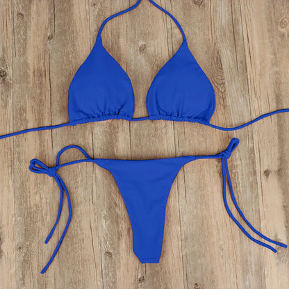 Tie Sexy Thong Bikini Set Side Swimsuit Bandage Style Swimwear Split Strap Adjustable Solid Color Female Summer Beach Bikini Set