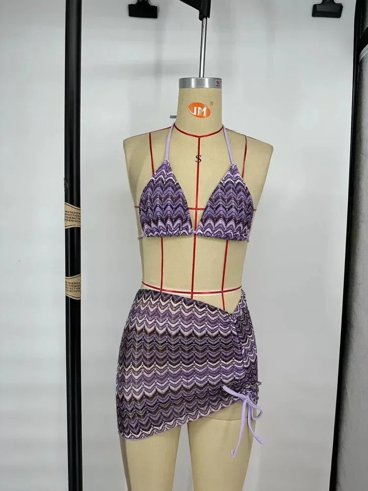 2025 Women Swimsuit Colored Maple Leaves Knitted Bikini Skirt Three-Piece Set Split Swimsuit Bikini