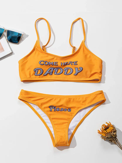 2024 new Two Piece Swimsuit with COME HERE DADDY PLEASE Letter Print Cute bikini Womens Bikini Set Girls Bathing Suit Beach Wear