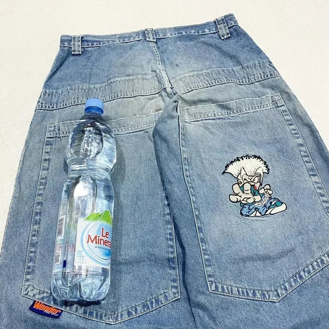 Y2K Baggy Jeans Women Cartoon Characters Embroidered Light Blue Washed Denim Jeans Harajuku Goth Skateboard Pants Street Clothes