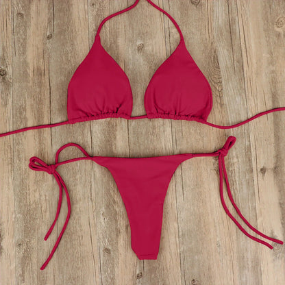 Tie Sexy Thong Bikini Set Side Swimsuit Bandage Style Swimwear Split Strap Adjustable Solid Color Female Summer Beach Bikini Set