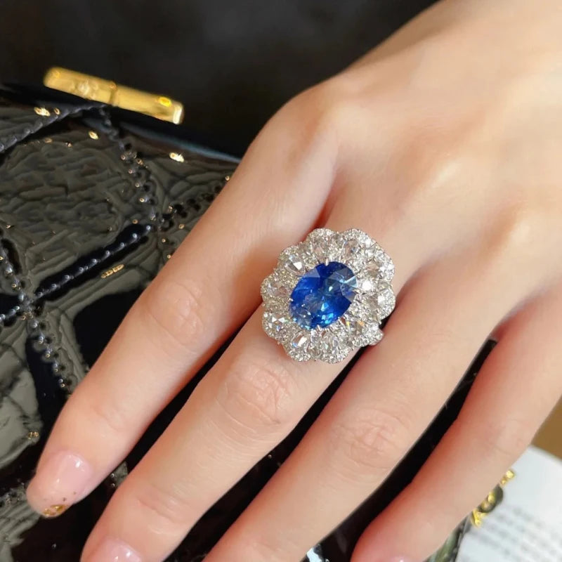New In silver 925 Full Diamond Luxury Sapphire Ring Necklace Exquisite Engagement Sparkling Blue Flower fine jewelry sets