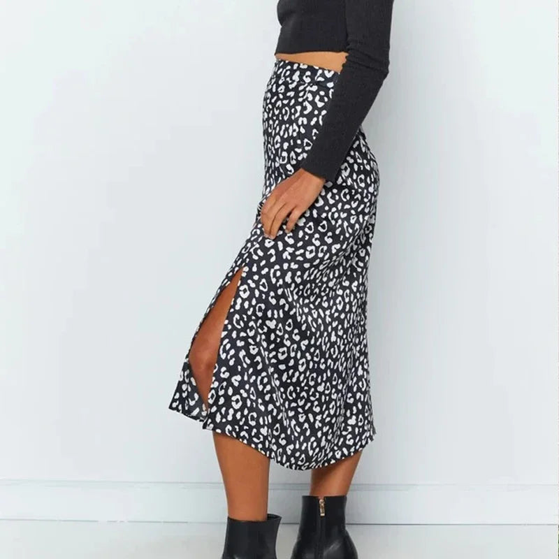 Summer women vintage elegant beach midi boho skirt 2024 Women Leopard print split sexy zip skirts womens Casual skirts female