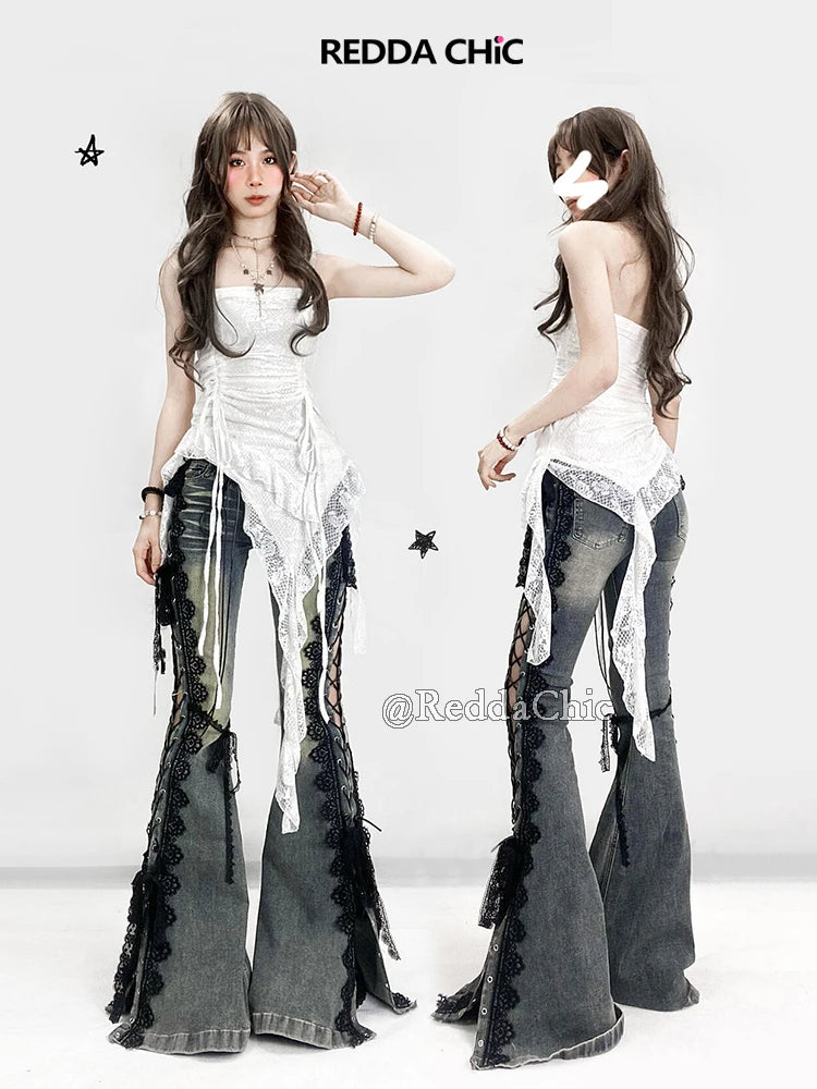 REDDACHiC Y2k Low Waist Strappy Jeans Bell Bottoms Retro Stitch Lace Hollow Eyelets Split Stretch Bootcut Pants Women Streetwear