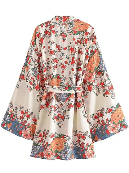 Multi Floral Print Rayon Bohemian Kimono wedding robe Women Batwing Sleeves Happie Short Robe Boho  Bridesmaid Cover-ups