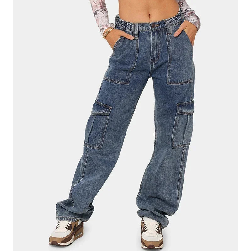 Woman High Waist American Cargo Jeans Lady Straight Leg Cross Pants Girls Fashion Light Blue Dark Blue Black Gray Denim Trousers