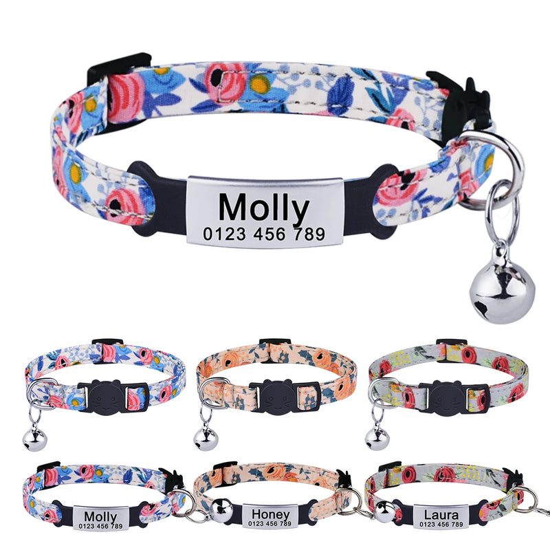 Personalized Nylon  Flowers Summer Cat Collar Id Name Tag Collar Pet Products Small Fast Breakaway Unisex Kitten Supplies