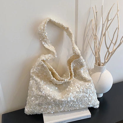 Fashion Sparkly Sequin Sweet Tote Bag for Women Casual Glitter Shopper Shoulder Bag for Party Large Capacity Youth Shiny Handbag