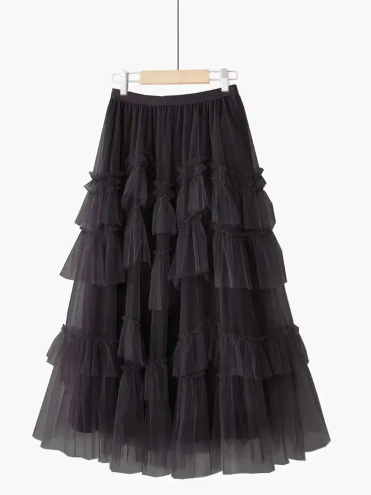 XFPV 2025 Autumn Summer Fashion Elegant Purple Cake Skirt Women Ruffles All-Match Mesh Stitching High Waist Midi Faldas SM1982
