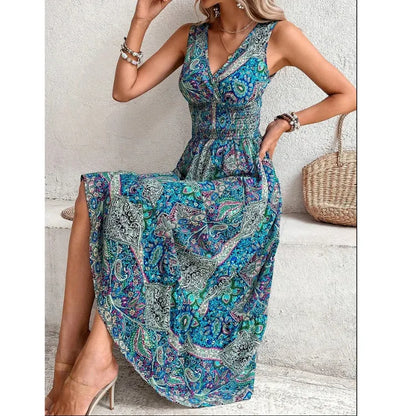 Summer Boho Dress Women Fahsion Sleeveless Print Beach Party Dresses Elegant Casual Holiday Female Dress For Women Robe Femme