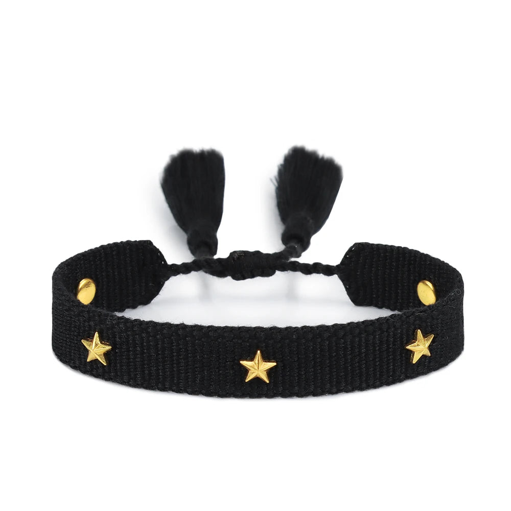 Rhinestone Embroidery Woven Bracelets Adjustable Rope Stackable Bangle For Women