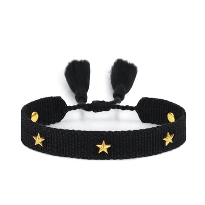 Rhinestone Embroidery Woven Bracelets Adjustable Rope Stackable Bangle For Women