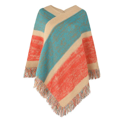 Autumn Winter Batwing Sleeve Rainbow Striped Poncho Women Fashion Sweater Cloak 2025 New Pullover Shawl Female Tassel Cape