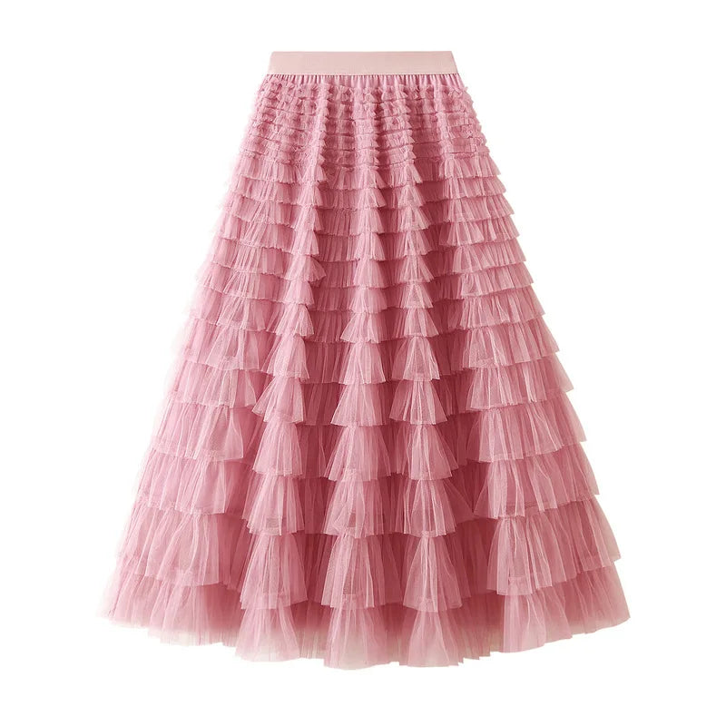 New Arrival 2025 Tulle Cake Long Skirt Women Spring Summer Ruffle Pleated A-Line Chic Skirt Ladies Sweet Black White Tutu Skirts
