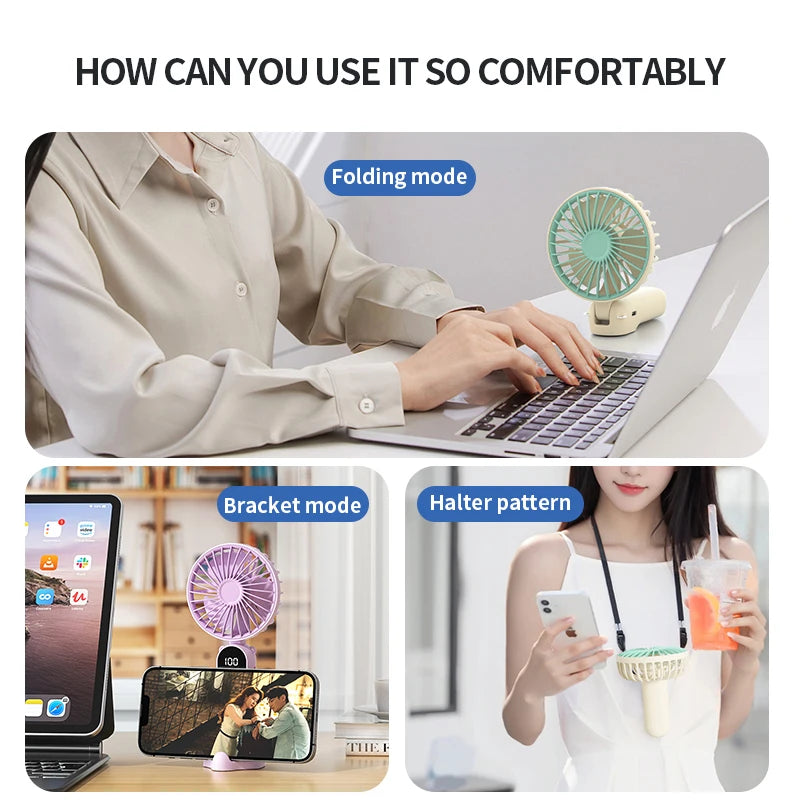 Portable Handheld Fan Mini USB Fan With 6 Speeds and Digital Display Foldable 3-in-1 Handheld Neck and Desktop Fan For Outdoor