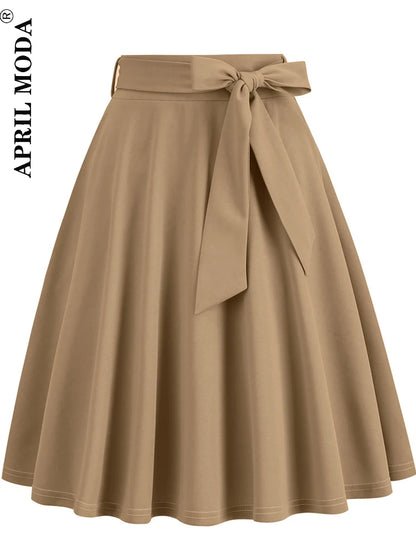 Red Women's High Waist A-Line Pockets Skirt Casual Summer Flared Midi Skirt 1950s Retro Swing Pinup Skirt Office Lady Workwear