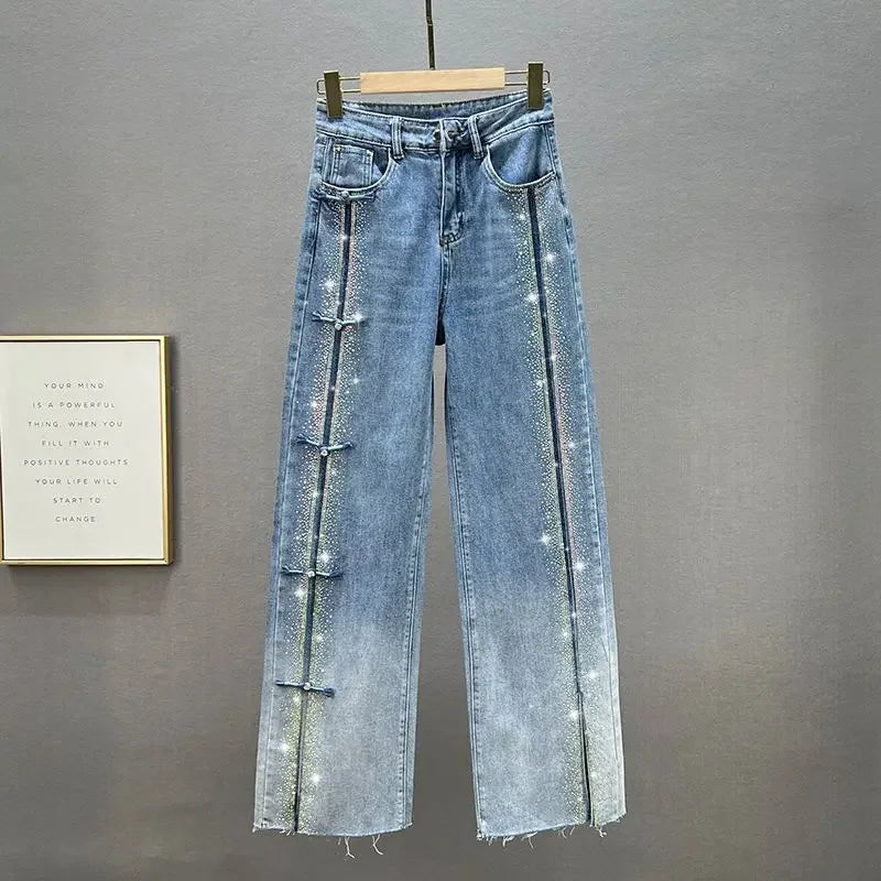 Rhinestone Jeans Women's Wide-Leg Pants 2023 Spring New High Waist Loose and Slimming Mop Pants Fashionable Trousers