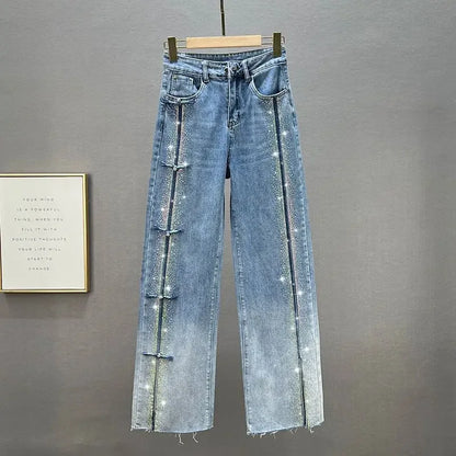 Rhinestone Jeans Women's Wide-Leg Pants 2023 Spring New High Waist Loose and Slimming Mop Pants Fashionable Trousers