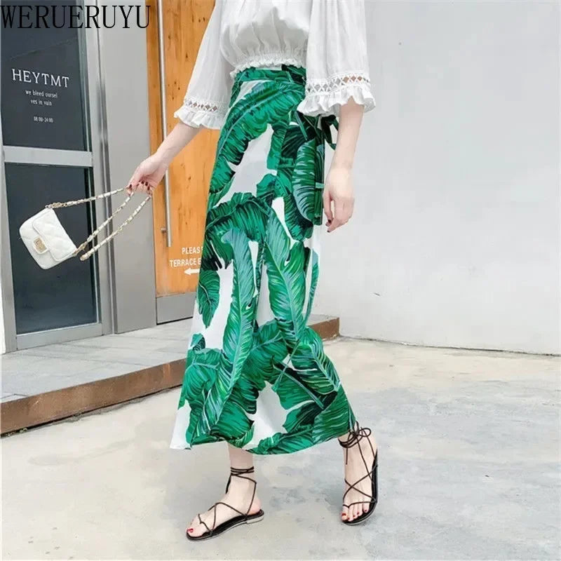 WERUERUYU Wrap Skirts Women Casual Chiffon Tie-Waist Ruffle Wide Leg Loose