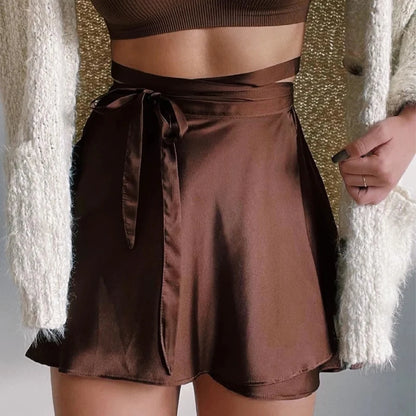 Wrap Green Satin Mini Skirt Women Ruffle Black Vintage Style Korean Silk Pink Skirts Short Kawaii Lolita Clothing Summer Beach