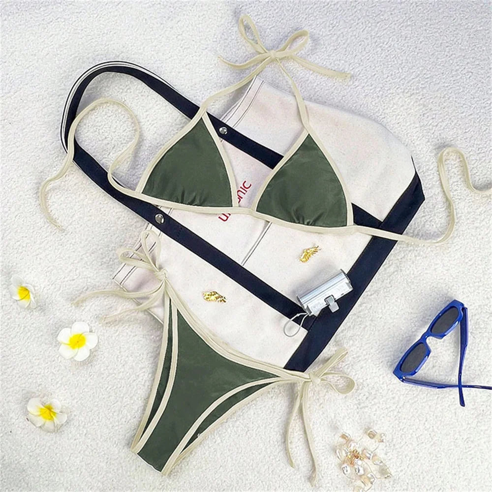 Micro Green Bikinis Halter String Border Y2K Swimsuit Push Up Backless Biquini Vacation Swimwear Women Beach Outfit Bathing Suit