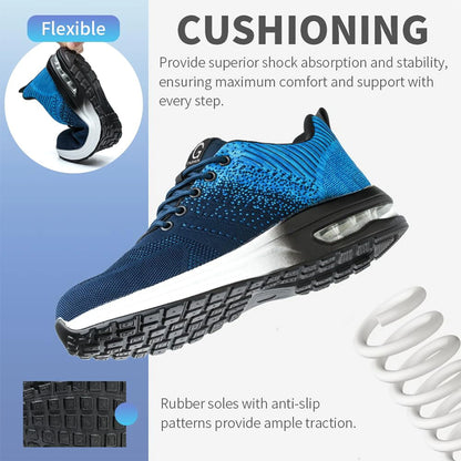 Steel Toe Work Shoes for Men Women  Anti-Smash Anti-Puncture Blue Safety Shoes Breathable Lightweight Air Cushion Work Shoes