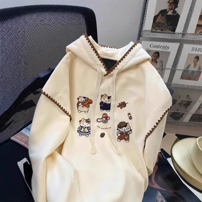 Design Sensation Small Audience Cartoon Cat Embroidery Sweatshirt Women Early Autumn Sweet Milk Cute Small Size Hooded Jacket To