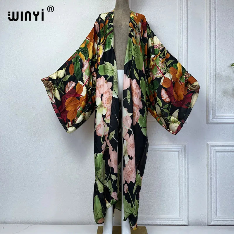 2024 WINYI Summer print Beach Wear Swim Suit elegant Africa women boho Cardigan sexy Holiday long Sleeve Kimono fashion abaya