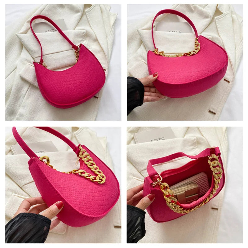 Fashion Women Felt Handbags Imitation Metal Chain Underarm Bag Retro Ladies Solid Color Shoulder Bag Trendy Casual Clutch Purse