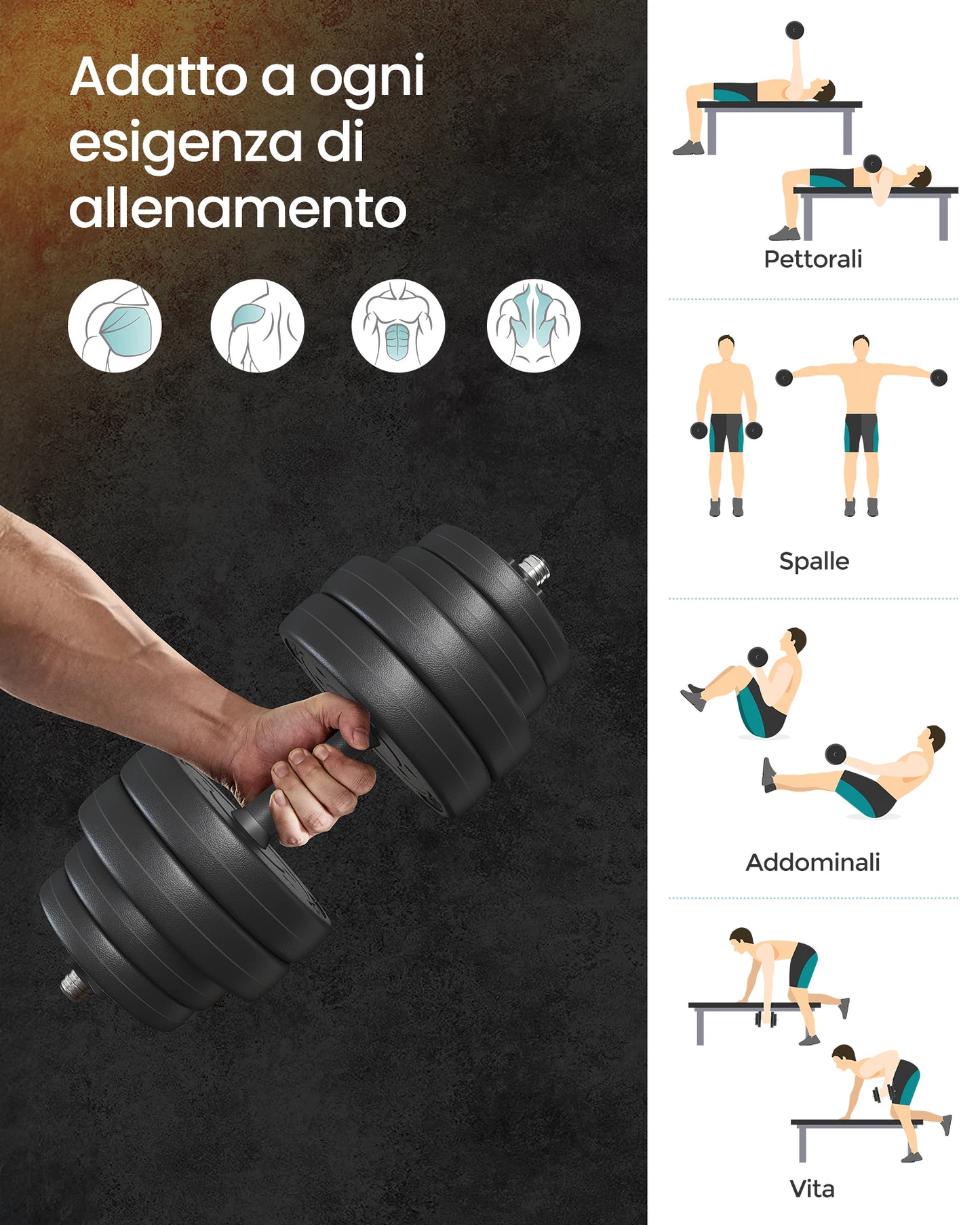 SONGMICS 2-in-1 Dumbbells Set, 2 x 15 kg Adjustable Dumbbells with Extra Barbell Bar, Plastic-Coated Weight Plates