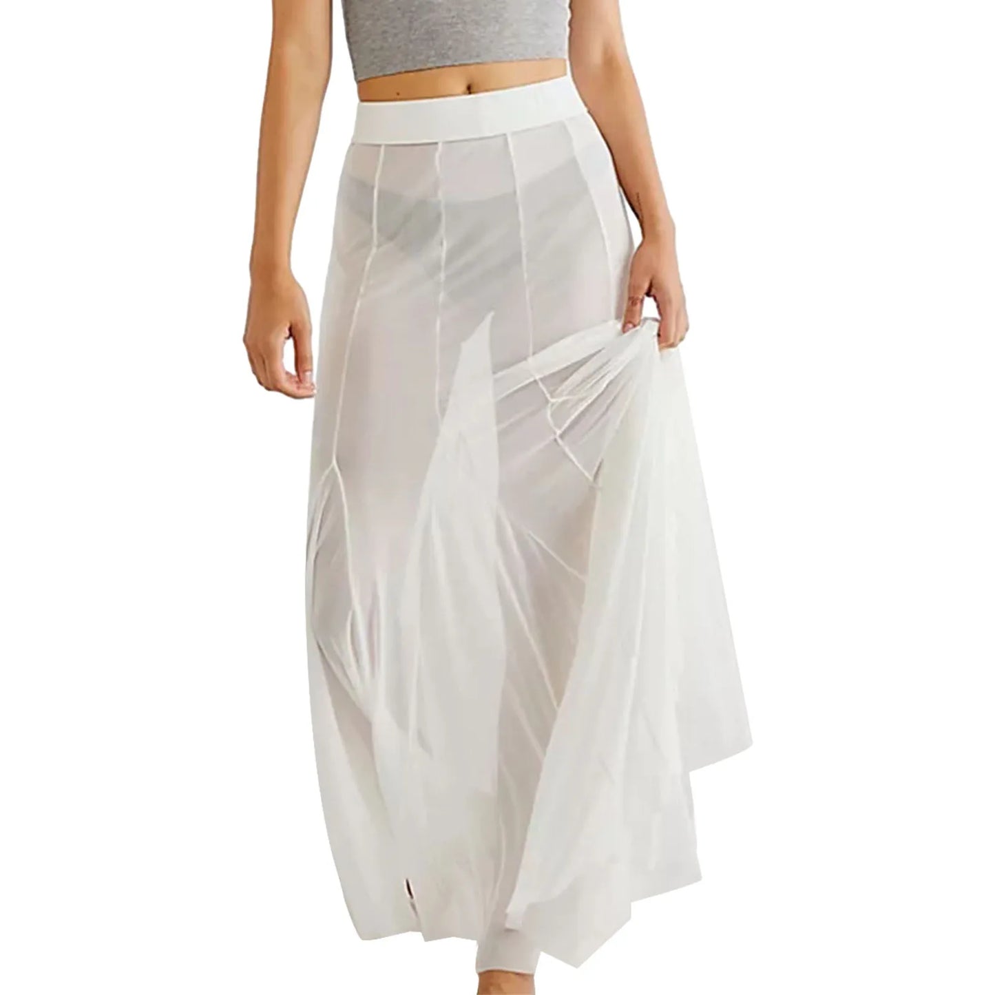 Fashion Women’s Mesh Sheer Long Skirts Elastic High Waist Ruffle Hem Flowy Skirts Casual A-line Midi Skirts