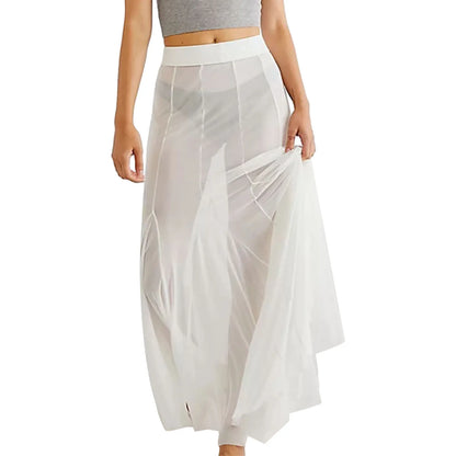 Fashion Women’s Mesh Sheer Long Skirts Elastic High Waist Ruffle Hem Flowy Skirts Casual A-line Midi Skirts