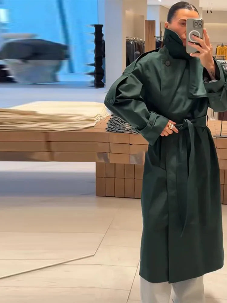 Chic Women's Long Trench Coat Stylish Stand Collar Belted Loose Windbreaker Outerwear Autumn New Dark Green Maxi Overcoat Outfit