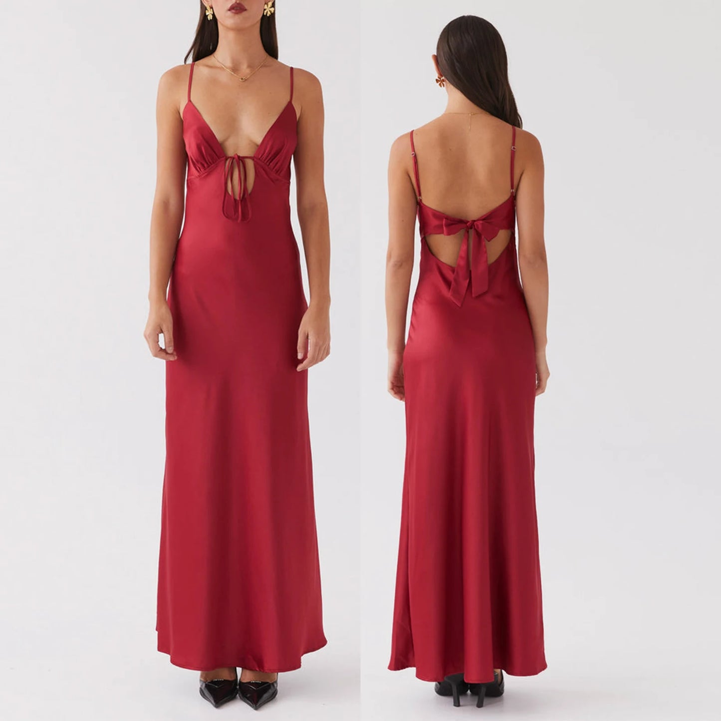 Combhasaki Women's Elegant Solid Color Adjustable Thin Shoulder Straps Cutout Tie-Up Front Backless Summer Long Cami Silky Dress