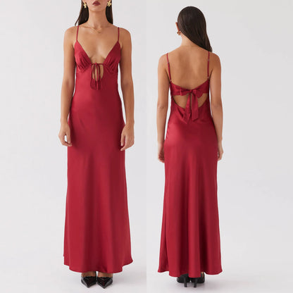 Combhasaki Women's Elegant Solid Color Adjustable Thin Shoulder Straps Cutout Tie-Up Front Backless Summer Long Cami Silky Dress