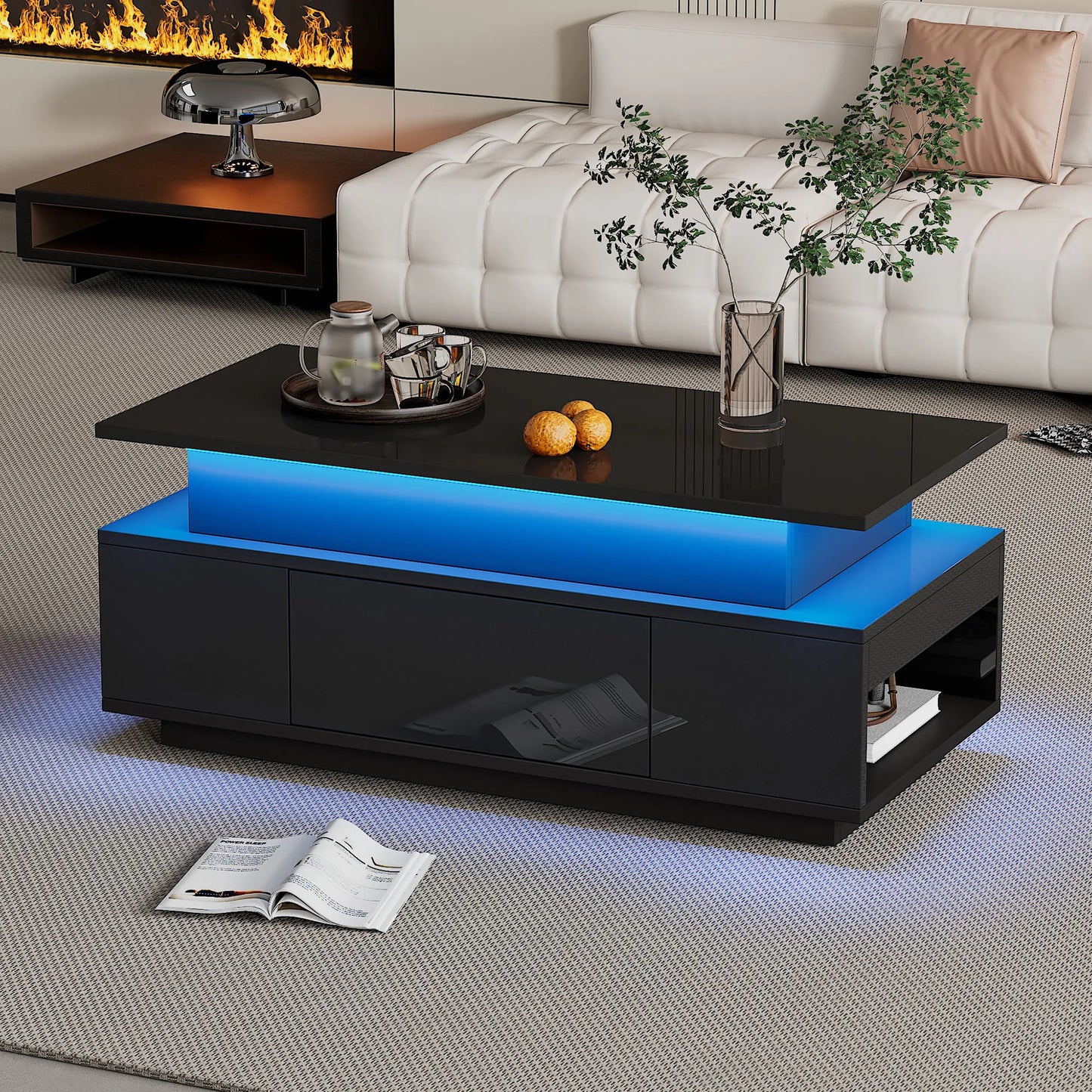 KOMHTOM Black height adjustable coffee table high gloss coffee table with hidden storage, drawer and LED lighting