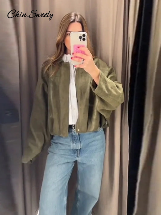 Casual Women's Suede Short Jacket Green Loose Lapel Long Sleeve Zipper Thick Coat 2025 Spring Lady High Street New in Outwears