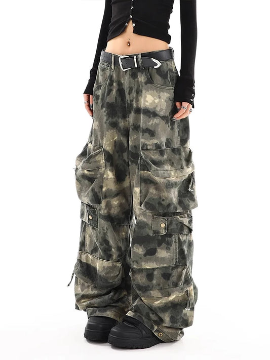 American Vintage Multi-pocket Camouflage Overalls Pants Women Y2K Streetwear Wide Leg Pants Popular Casual Straight Pants