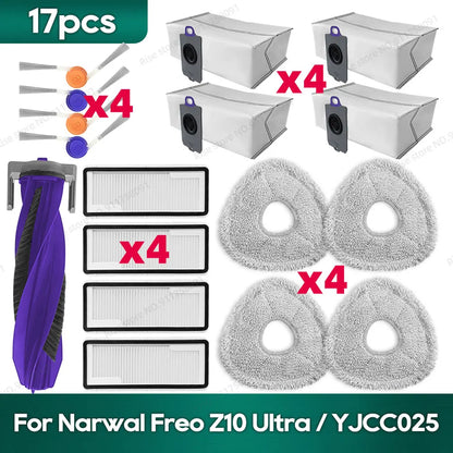 Compatible for Narwal Freo Z10 Ultra / YJCC025 Accessories Roller Brush Hepa Filter Dust Bag Mop Cloth