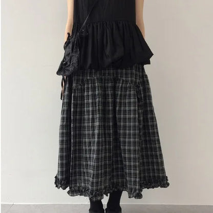 Korean Sle A-Line Midi Skirt Women's Summer 2025 Vintage Versatile High Waist Plaid Lace f-length Skirts