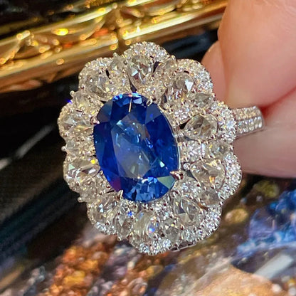 New In silver 925 Full Diamond Luxury Sapphire Ring Necklace Exquisite Engagement Sparkling Blue Flower fine jewelry sets